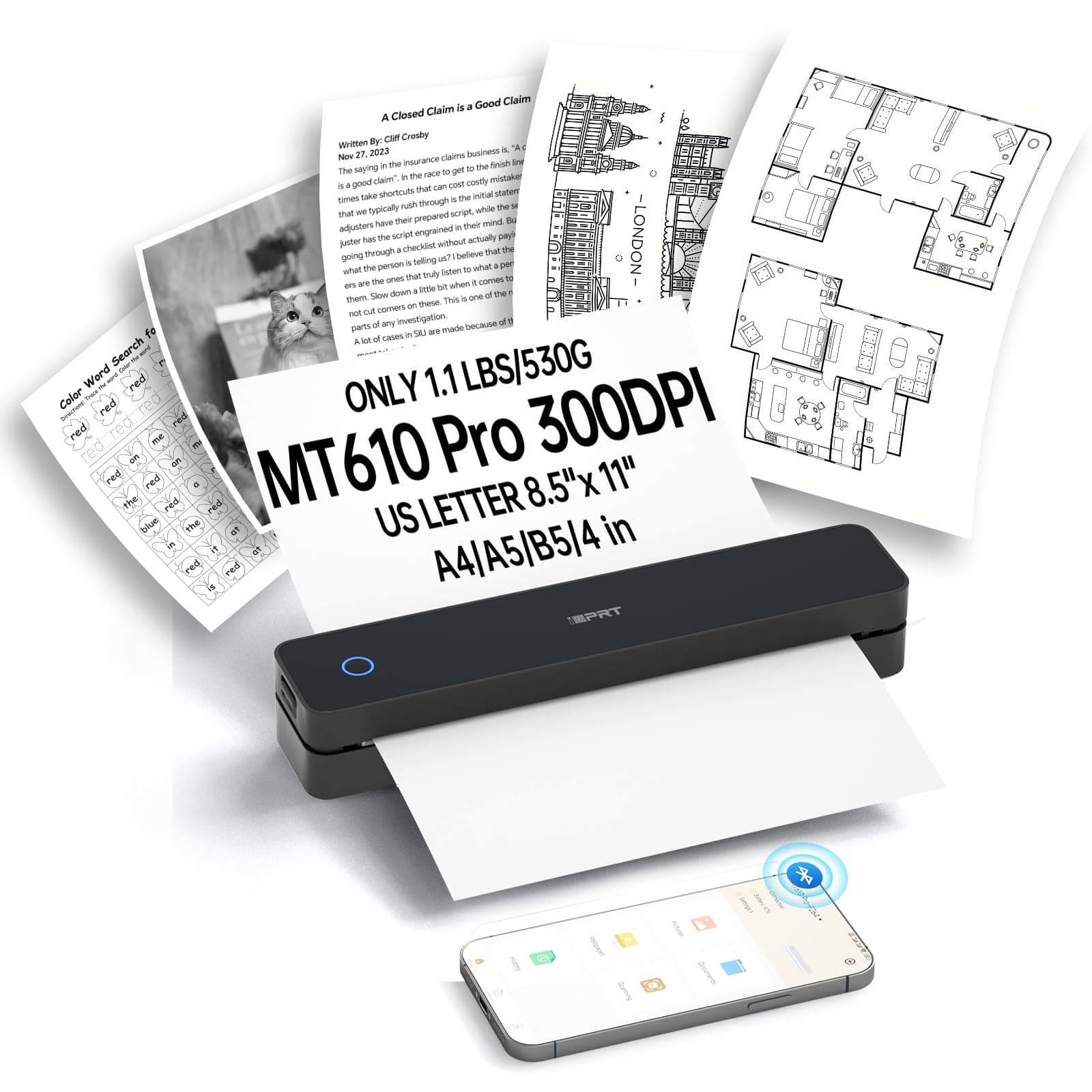 🖨️ iDPRT Tragbarer Thermo Drucker 300 DPI Mini Thermodrucker A4 Schwarz 300DPI 300DPI Schwarz 🖨️