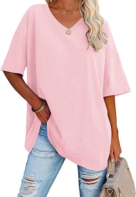 🌸 Ebifin Damen Oversize T Shirt mit V-Ausschnitt 🌼 Kurzärmeliges Casual Lockere Basic Sommer Tee Shirts Bluse