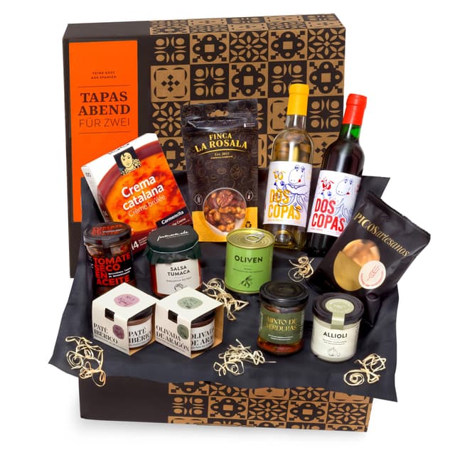 Präsentkorb - Ein Tapas-Abend für Zwei 🍷🧀 - Gefüllter Feinkost-Geschenkkorb von jamon.de