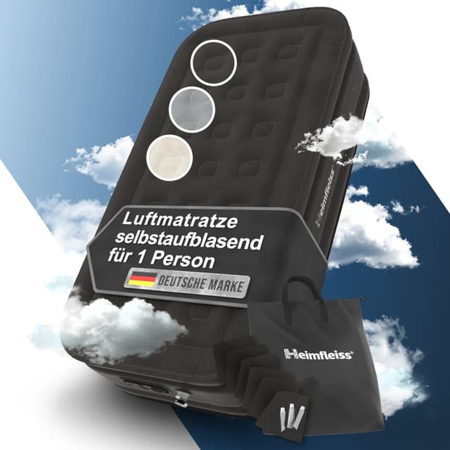 Heimfleiss® Luftbett 1 Person | Premium Aufblasbare Matratze 100x200 cm ⭐️ | Luftmatratze selbstaufblasend ideal nutzbar als Gästematratze & Campingmatratze 🏕️ | Aufblasbares Bett für Kinder & Erwachsene 1 Person Schwarz