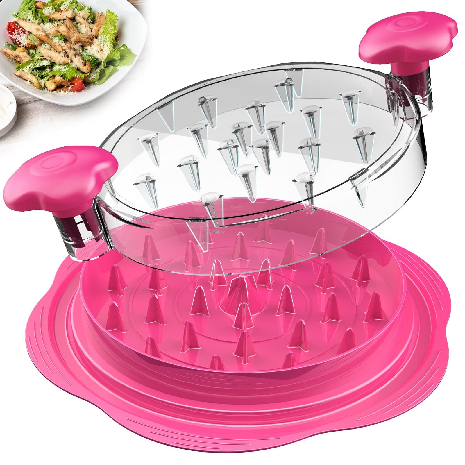 🌺 Hähnchen Zerkleinerer 25.5cm Großer Sichtbar Hühnerbrust Schredder Werkzeug Twist mit Bürste und Gabeln, Professionelles Fleischzerkleinerer（Rosa） 🍗