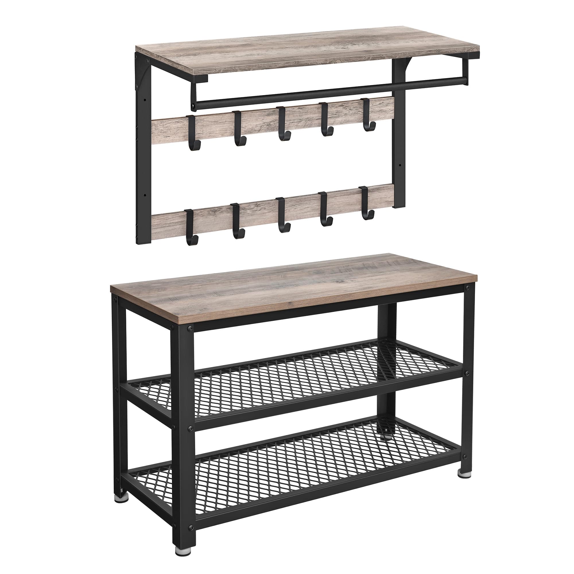 VASAGLE Wandgarderobe, Schuhbank, Wandregal mit Ablage und 10 Haken, Schuhregal mit 3 Ebenen, Aufbewahrung, Metallgestell, Greige-schwarz
