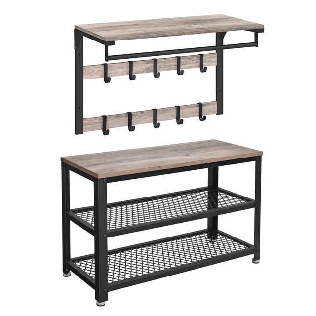 VASAGLE Wandgarderobe, Schuhbank, Wandregal mit Ablage und 10 Haken, Schuhregal mit 3 Ebenen, Aufbewahrung, Metallgestell, Greige-schwarz
