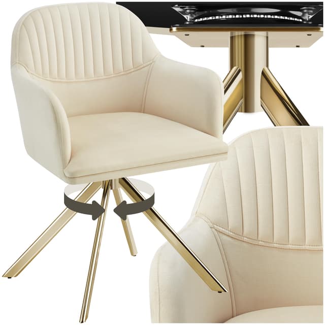 tectake® Esszimmerstuhl drehbar, Armlehnstuhl drehbar, ergonomischer Stuhl Samt, Stühle für Esszimmer, Möbel für Wohnzimmer, Arbeitszimmer, Esstisch, Schminktisch - Creme/Gold 1er Set