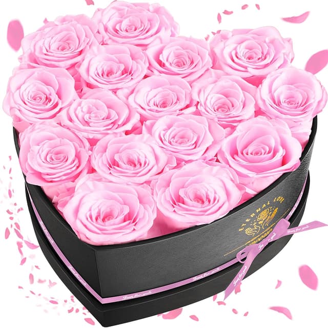🌹🎁 Impouo 16-teiliges Forever Flowers Herzförmige Box - Konservierte Rosen, Geburtstagsgeschenke für Frauen - Valentinstag, Jubiläum, Hochzeitsgeschenke - Rosa Rosen Rosa 16 Rose