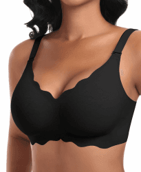 Ganado Damen Nahtloser BH Ohne Bügel 🌟 Tiefem V-Ausschnitt 💖 gewellte Ränder Push Up BH Bralette Soft Bequem BHS Bügellos Bustier Schwarz-doppel Vorderwelle XL Angebot bei HelloDeals
