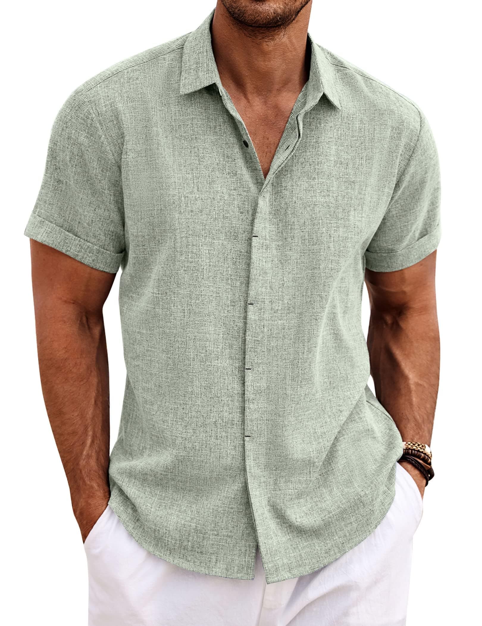 COOFANDY Herren Leinenhemd Kurzarm Hemd Button Down L Hellgrün 😎🌴