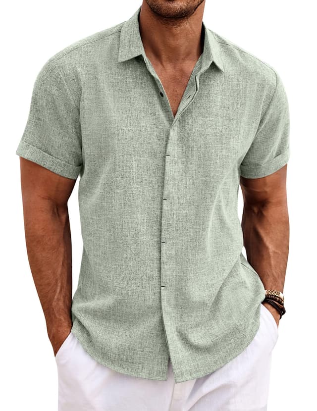 COOFANDY Herren Leinenhemd Kurzarm Hemd Button Down L Hellgrün 😎🌴