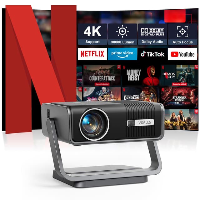 Smart Beamer 4K【Netflix Official & Dolby Audio】 30000L Auto Fokus/6D Trapezkorrektur Beamer Full HD 1080P, VOPLLS WiFi6 Bluetooth Unterstützt 4K Video Beamer Heimkino/Outdoor für PS5/ Handy Projektor A-30000L