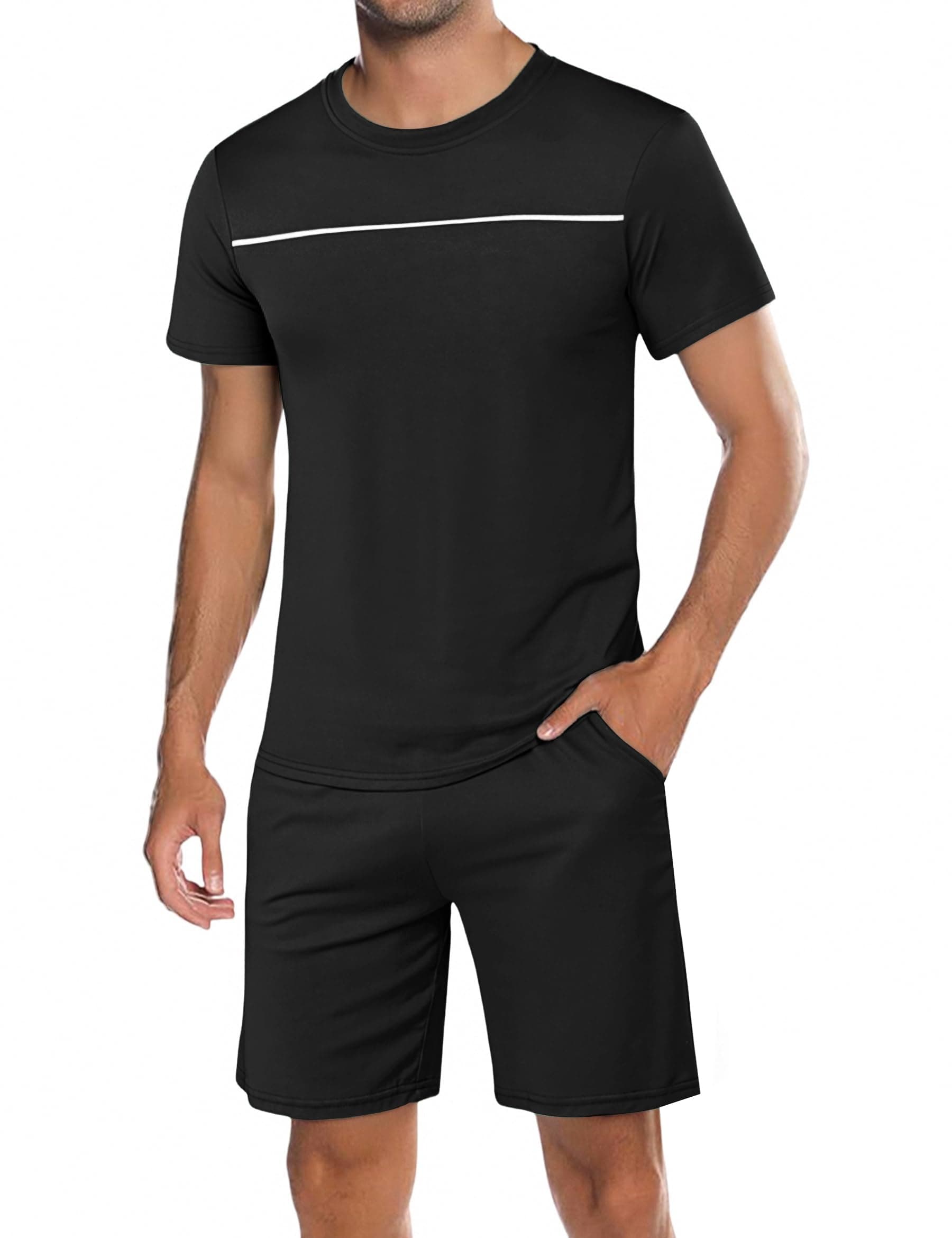 🌙 Marvmys Schlafanzug Herren Kurz Baumwolle Pyjamaset Herren Nightwear Pyjama Kurzarm mit Rundhalsausschnitt A-schwarz XXL