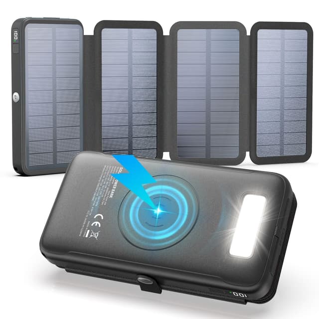 🌞🔋 FEELLE 22,5W Schnellladung Wireless Solar Powerbank 27000mAh - Schwarz