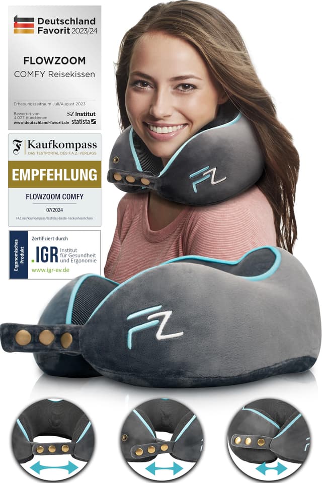 FLOWZOOM Comfy Nackenkissen Flugzeug & Auto - Einstellbares Memory Foam Reisekissen mit flexiblen Druckknöpfen