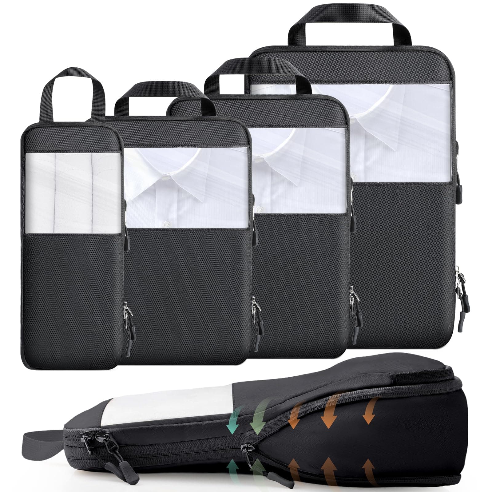 🧳 Cozary Koffer Organizer Packing Cubes Compression 4 Stück - Packwürfel mit hohem Fassungsvermögen, Travel Essentials Kofferorganizer für Handgepäck Koffer Und Rucksack - Schwarz