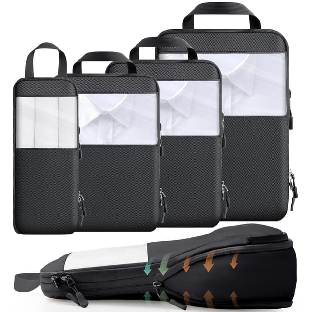 🧳 Cozary Koffer Organizer Packing Cubes Compression 4 Stück - Packwürfel mit hohem Fassungsvermögen, Travel Essentials Kofferorganizer für Handgepäck Koffer Und Rucksack - Schwarz