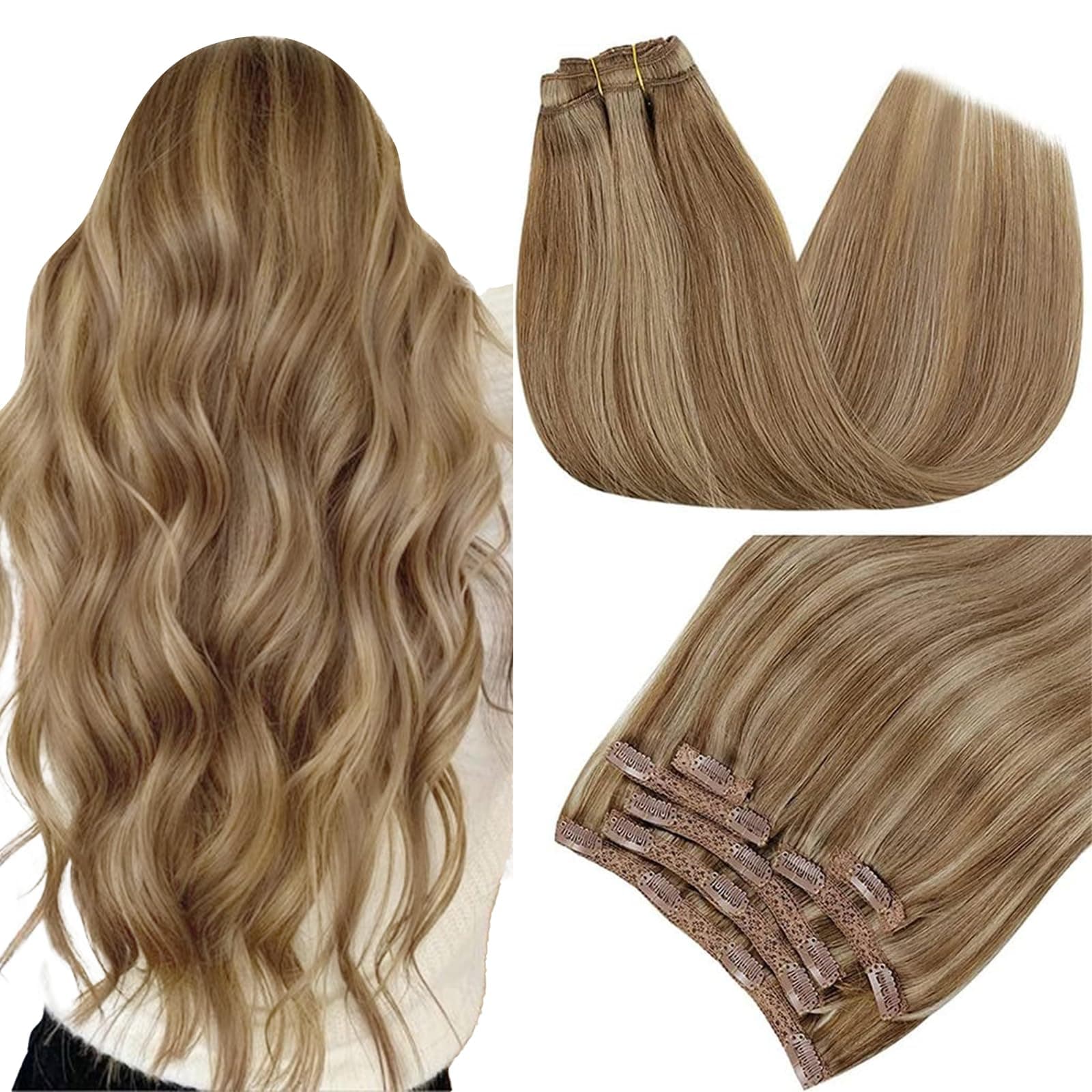 RUNATURE Echthaar Extensions Clip Braun Blond 30cm Echte Haare 7Pcs 80g Clip in Extensions