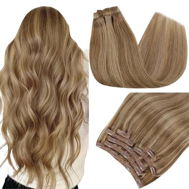 RUNATURE Echthaar Extensions Clip Braun Blond 30cm Echte Haare 7Pcs 80g Clip in Extensions