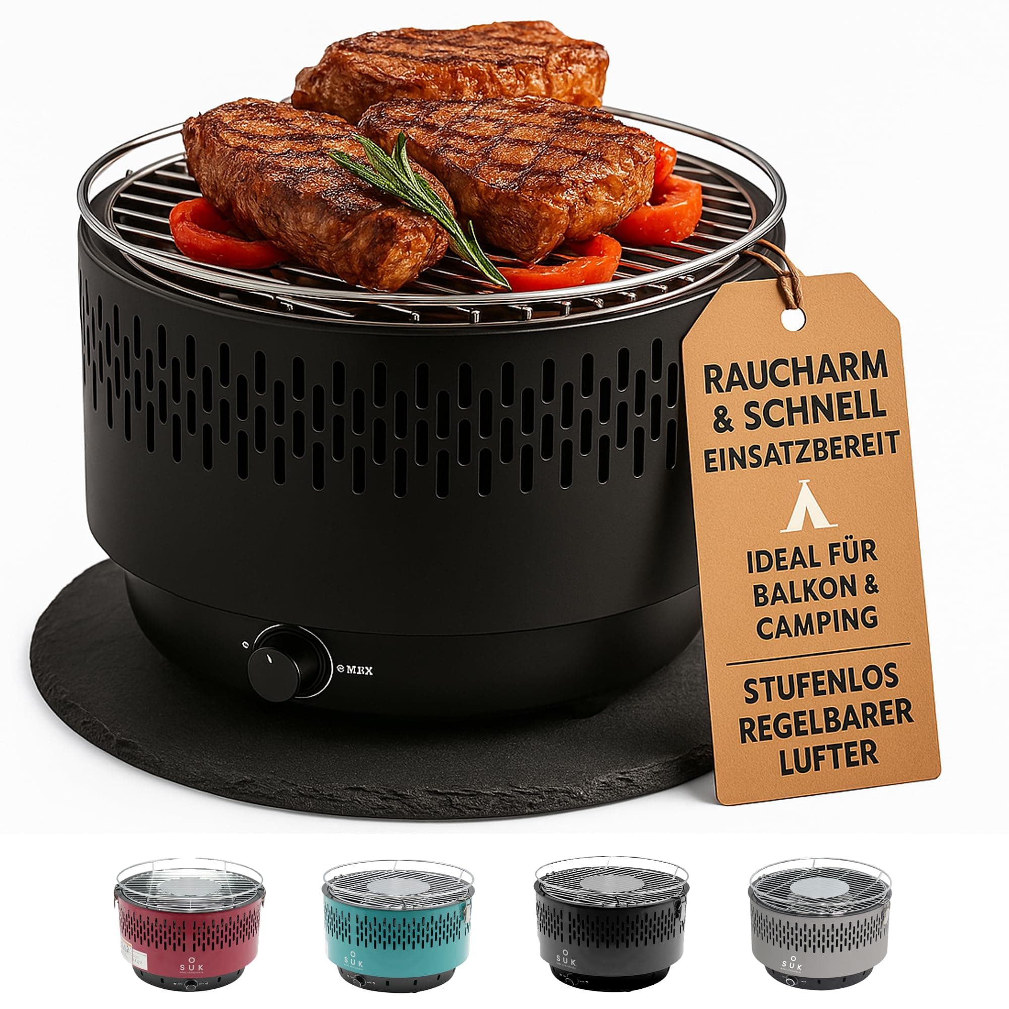 🔥🍖🔥 SOUK ONE Tischgrill mit Aktivbelüftung, Holzkohlegrill Grill mit Lüfter, Campinggrill BBQ Outdoor (Schwarz) 🍖🔥🍖