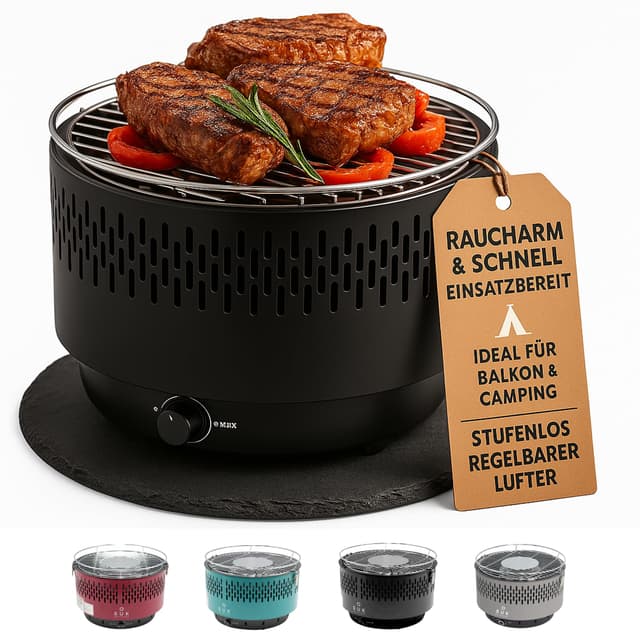 🔥🍖🔥 SOUK ONE Tischgrill mit Aktivbelüftung, Holzkohlegrill Grill mit Lüfter, Campinggrill BBQ Outdoor (Schwarz) 🍖🔥🍖
