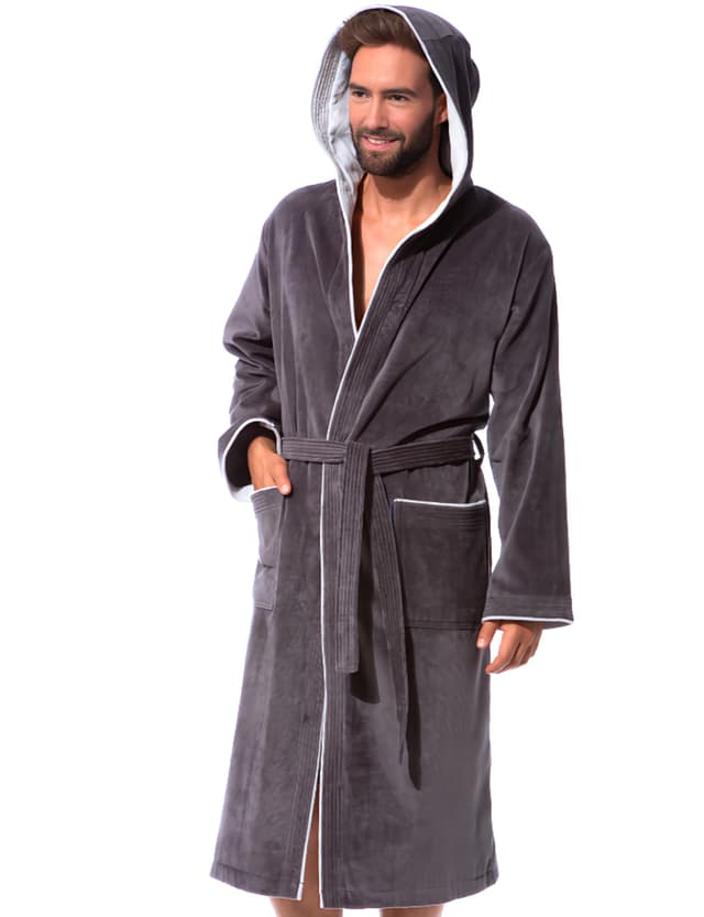 🌟 Morgenstern Bademantel Herren Kapuze 100% Baumwolle Frottee OEKO-TEX Velours Morgenmantel Lang Finn L Anthrazit/Hellgrau 🌟