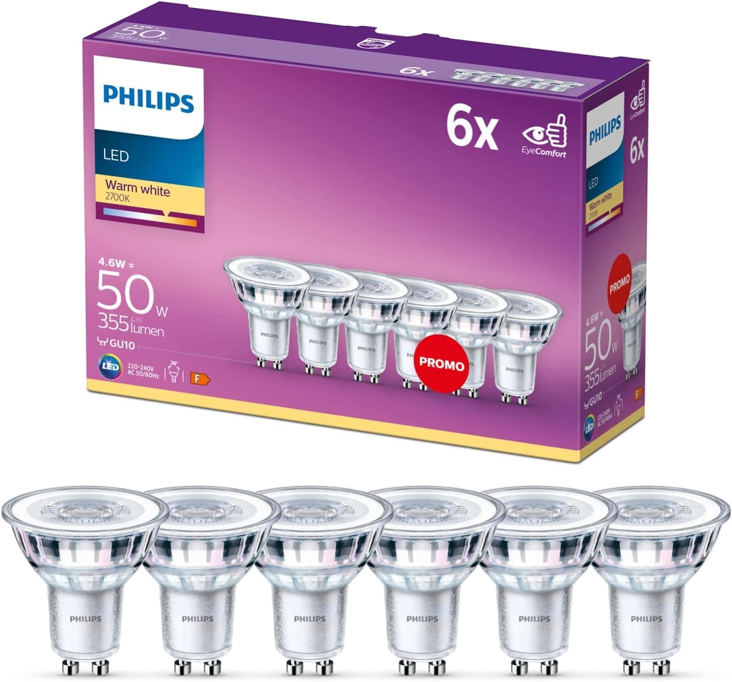 Philips LED Classic GU10 Lampen 6-er Pack (50 W) 🌟 Energiesparende LED Spots