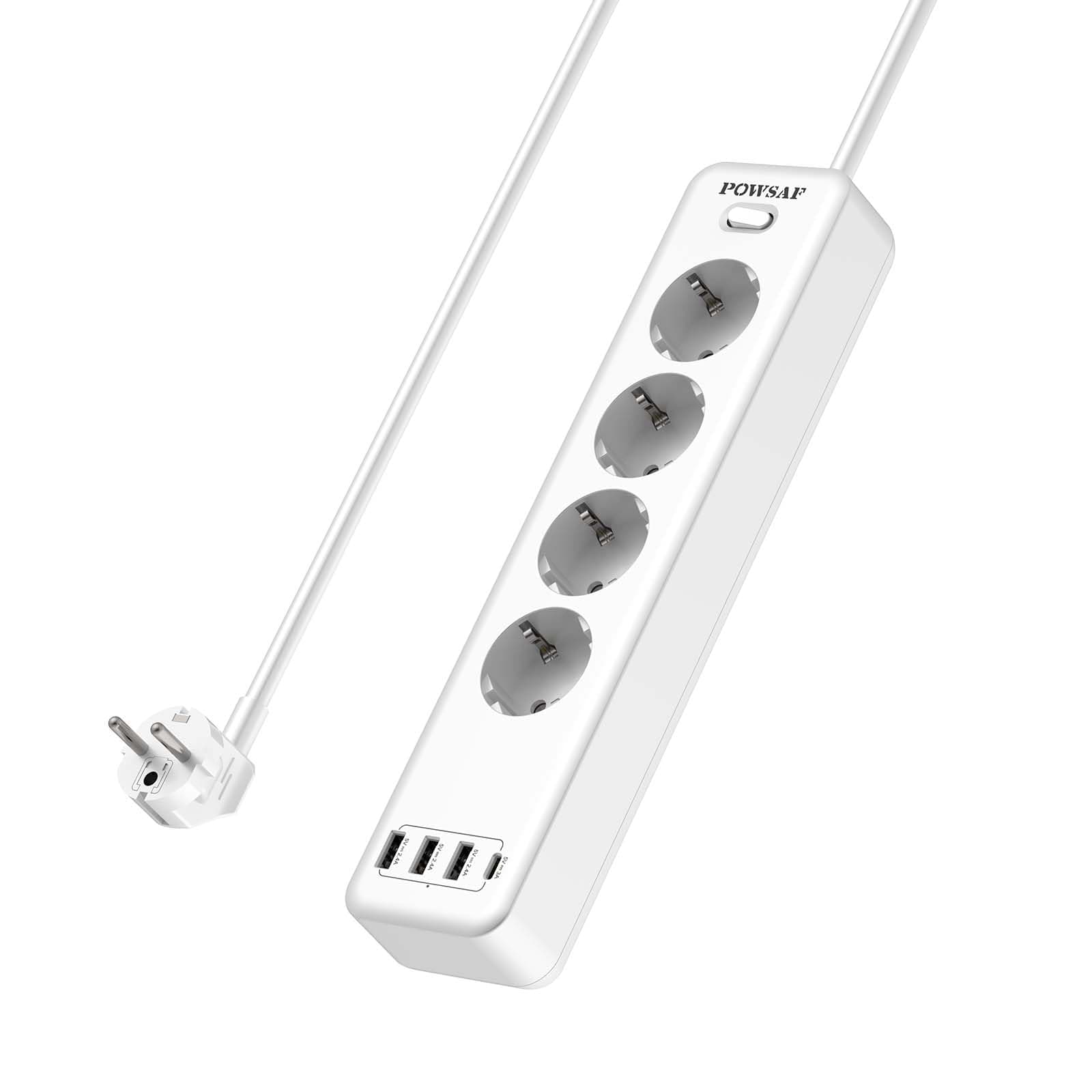 🔌 POWSAF 4-Fach Steckdosenleiste mit 4 USB-Anschlüssen, Max. 4000W und 16A, Mit USB-C-Steckdose, Wandmontage, Schalter, für Smartphones, Laptops, Weiß - Sonderangebot!
