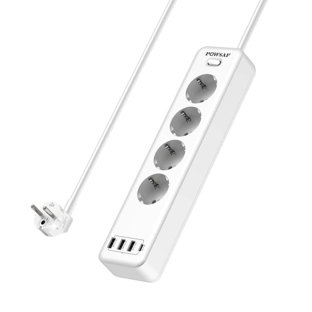 🔌 POWSAF 4-Fach Steckdosenleiste mit 4 USB-Anschlüssen, Max. 4000W und 16A, Mit USB-C-Steckdose, Wandmontage, Schalter, für Smartphones, Laptops, Weiß - Sonderangebot!