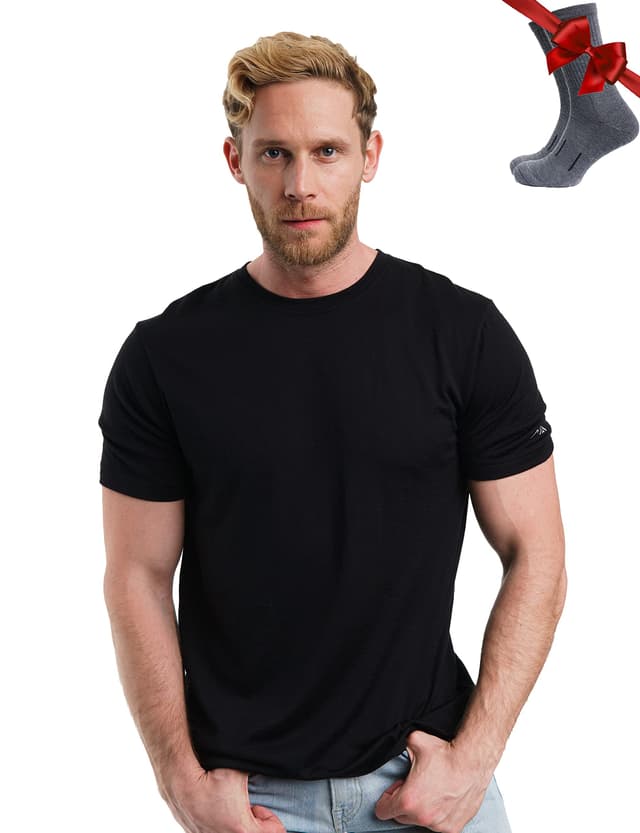 Premium Merino Shirt Herren Kurzarm & Wanderwollsocken M Black Ink 🎁