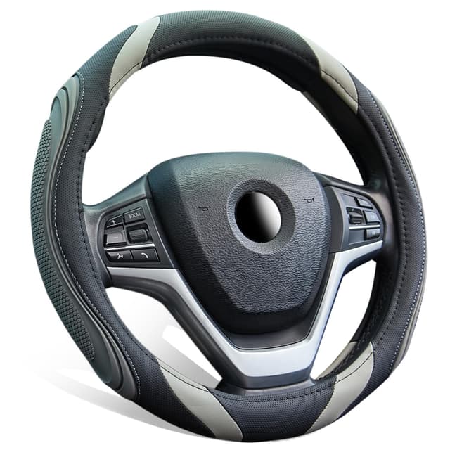 🚗🔝 XCBYT Lenkradbezug Auto Universal 37-38cm, Super Anti-Rutsch Lenkradhülle in Leder, Sportlich Lenkradschoner für Sommer Winter, Grau