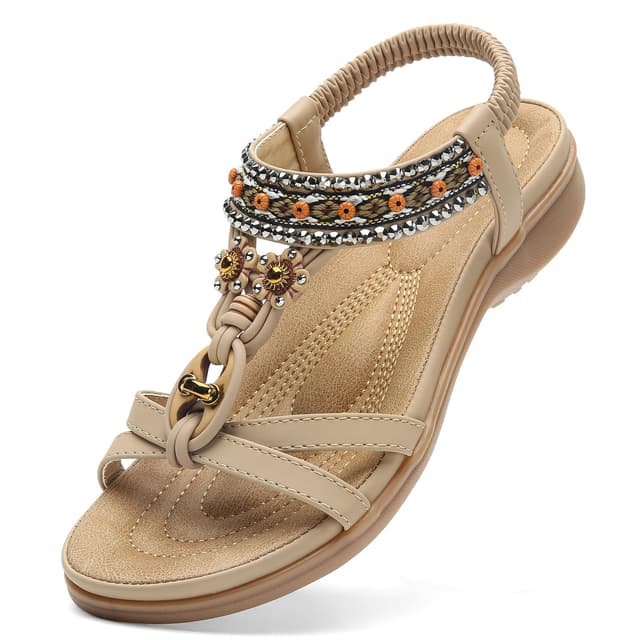 🌟 Littleplum Sandalen Damen Freizeit Flach Sandalette mit Strass Perlen Bohemia Strand Schuhe Casual Ankle Elastic Flip Flops 39 EU A Beige 🌟