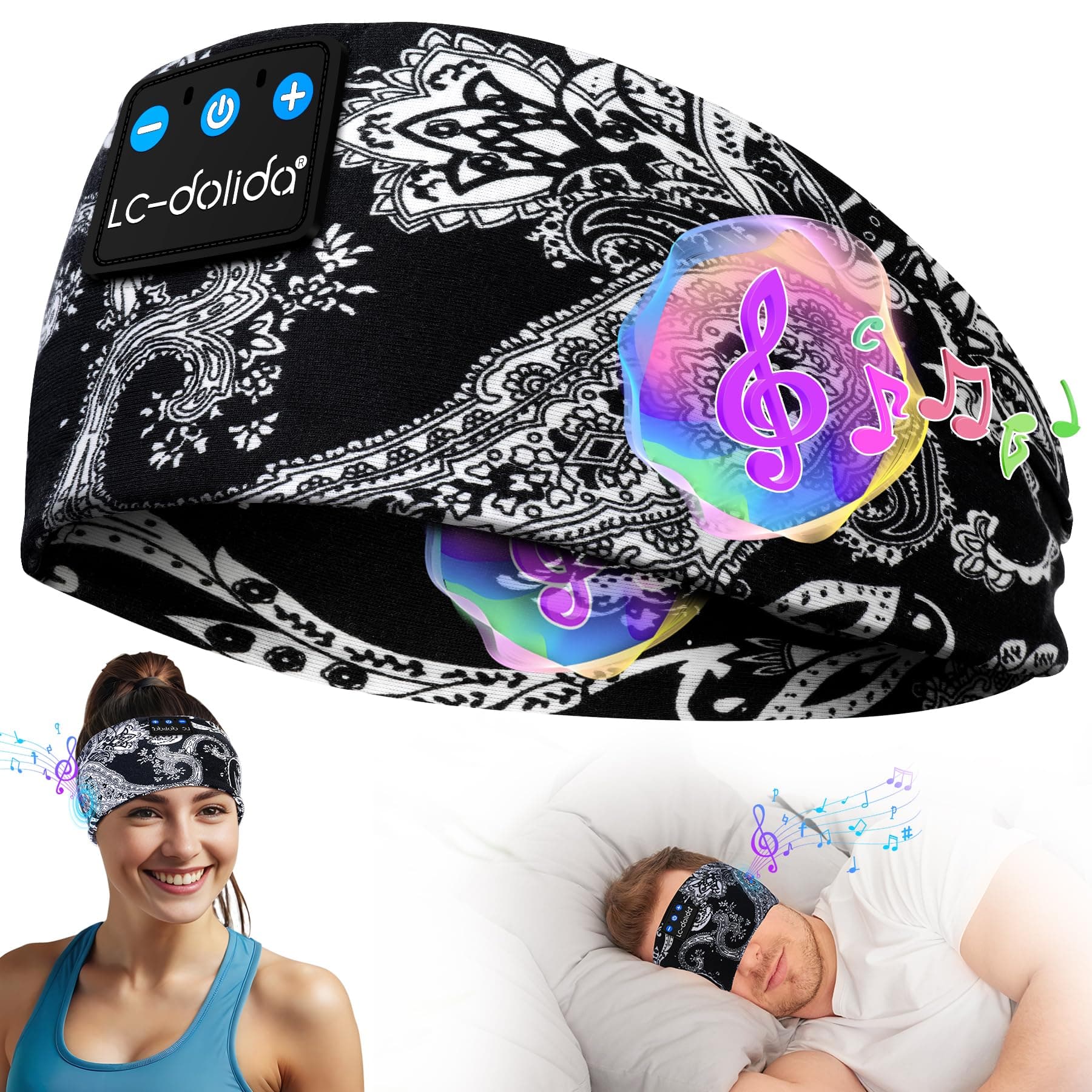 LC-dolida Schlafkopfhörer Bluetooth Schlafen Kopfhörer, Kabellos Sport-Kopfhörer Stirnband 15+ Stunden Lange Spielzeit Leichte Schlafstirnband mit HiFi-Stereo,Ergonomisch Tech Gadgets schwarze Cashewblüte