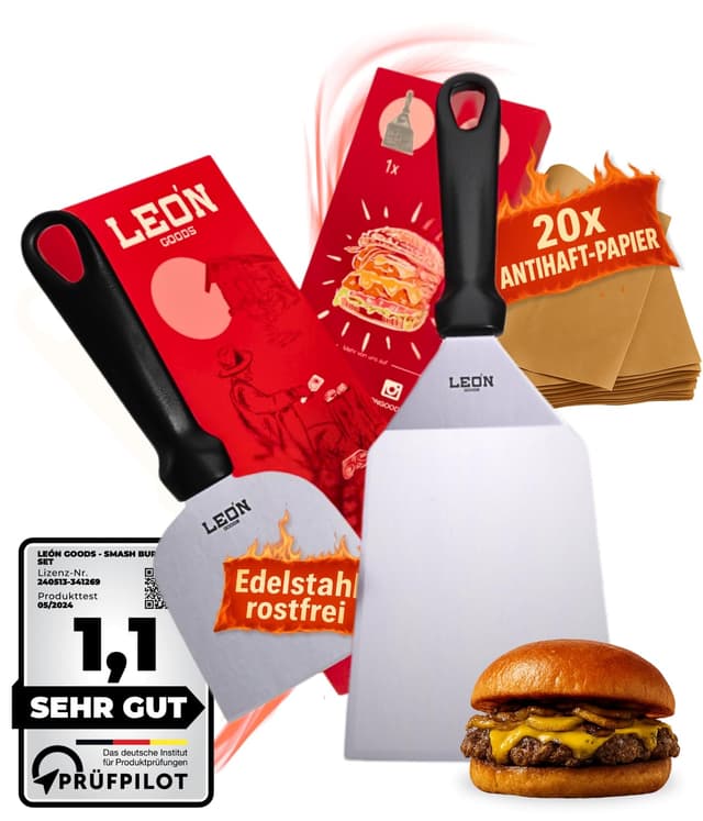 LEÓN Goods® : Grillspachtel Set [Edelstahl] Grill Spachtel/Plancha Spachtel (+20x Burger Papier)