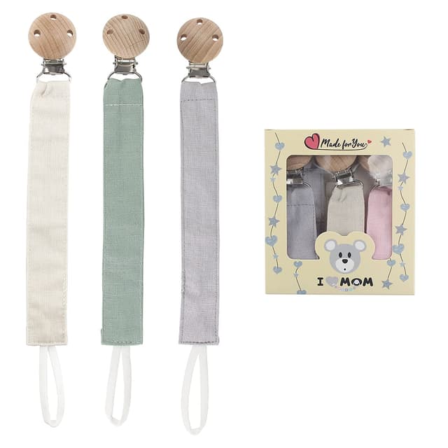RUBY 3PCS Schnullerkette Stoff Set 🌟 Schnullerband Baumwolle 🌈 Cotton Schnullerkette Mädchen und Schnullerkette Junge 💙 Schnullerketten mit Buchenholz Clip grün