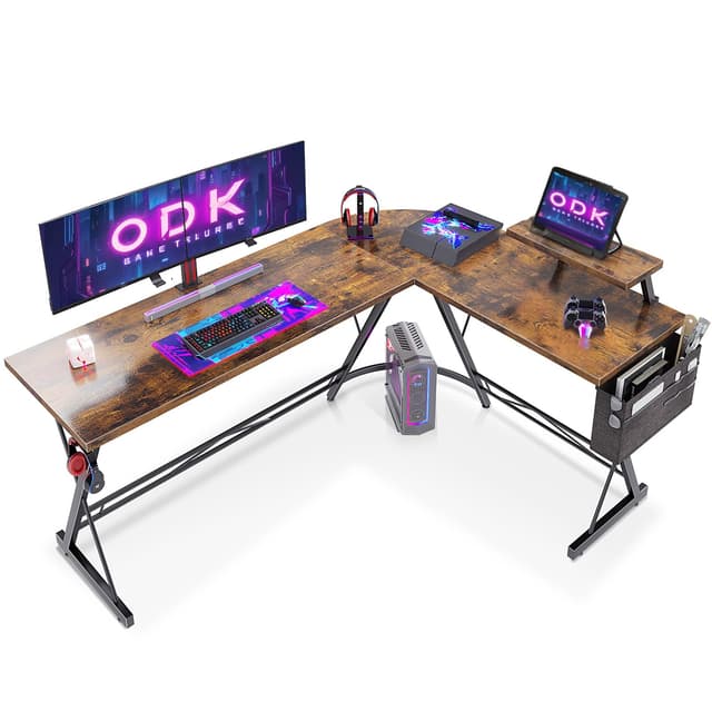 ODK Gaming Tisch | Gaming Schreibtisch Eckschreibtisch für Gamer | Schreibtisch L Form mit Monitorständer für Büro (Vintage Braun, 167 x 120 cm)