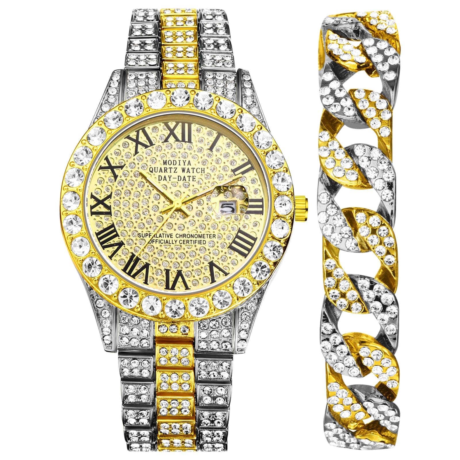 OIDEA Herren Uhren Diamond Armbanduhr: 2 Stück Panzerkette Armkette mit Strass Herrenuhr aus Edelstahl mit Römischer Zifferblatt Kalender Schmuck für Männer Freund Bruder Vater Silbergold (2pcs Set)