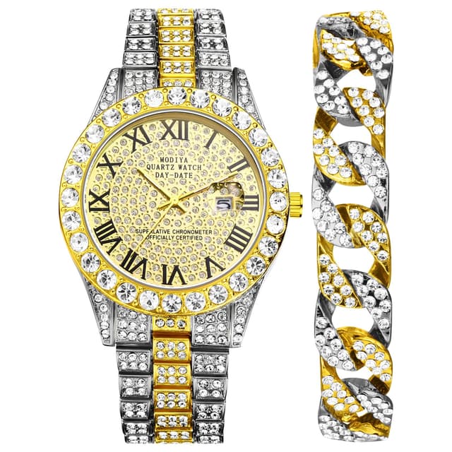 OIDEA Herren Uhren Diamond Armbanduhr: 2 Stück Panzerkette Armkette mit Strass Herrenuhr aus Edelstahl mit Römischer Zifferblatt Kalender Schmuck für Männer Freund Bruder Vater Silbergold (2pcs Set)