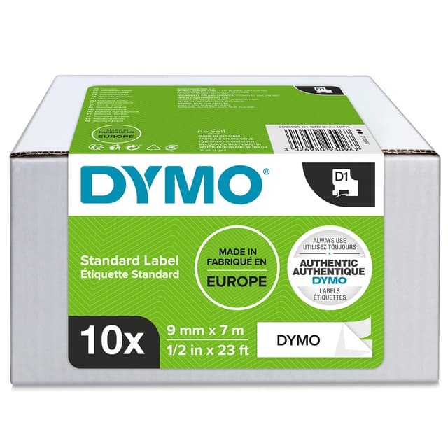 DYMO Original D1-Etikettenband | 🏷️ | 10 Rollen | 9mm x 7m | Schwarz auf Weiß