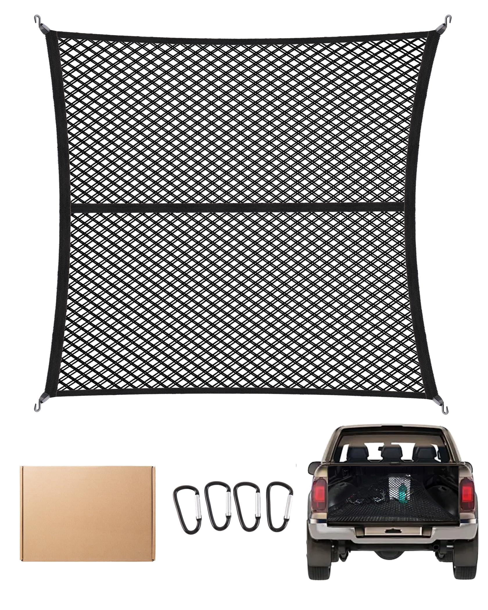 🚚✨ FoundGo 120x120cm Gepäcknetz [Max. 210x210cm Dehnbar] - Hochelastisches Kofferraumnetz Trennnetz Gepäckfixierung