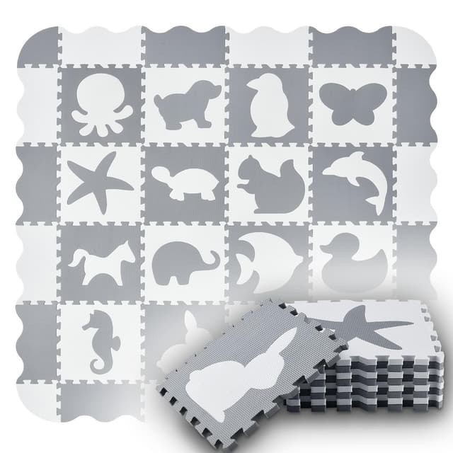 🧩🦒 Juskys Kinder Puzzlematte Timon 36 Teile mit 16 Tieren in grau weiß - rutschfest & abwischbar 🐶🐴🐊 - Puzzle ab 10 Monate