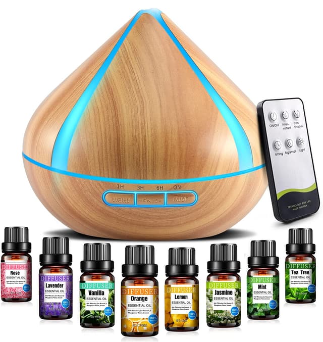 🌿 VAAGHANM 500ml Ätherisches Öl Diffusor mit 8 Ölen, Aromatherapie Diffusor mit Fernbedienung, 4 Timer, Automatische Abschaltung ohne Wasser für große Räume, Kunststoff, Braun