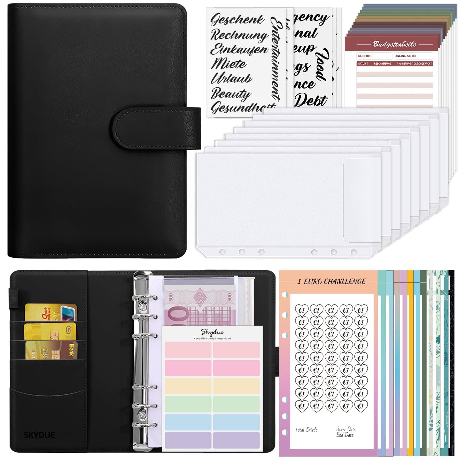 SKYDUE Budget Planner Deutsch Spar Challenge Für Budget Planer A6 Budget Für Beginner Mit Geld Organizer Haushaltsbuch Mit Geldfächer Bugetplaner Deutsch Startset (Schwarz) 🌟