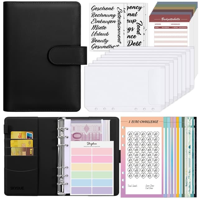 SKYDUE Budget Planner Deutsch Spar Challenge Für Budget Planer A6 Budget Für Beginner Mit Geld Organizer Haushaltsbuch Mit Geldfächer Bugetplaner Deutsch Startset (Schwarz) 🌟