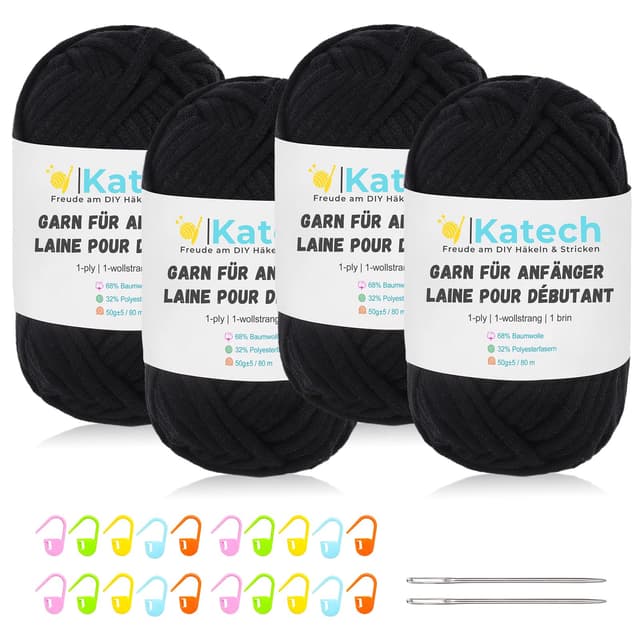 Katech Häkelgarn für Anfänger, 1-Wollstrang 🧶 Kein Geteiltes Wolle zum Häkeln von Tier Untersetzer, Häkel- & Strickgarn, Dicke Wolle zum Stricken, 4 * 50g Dickes Garn Baumwolle zum Häkeln, Schwarz