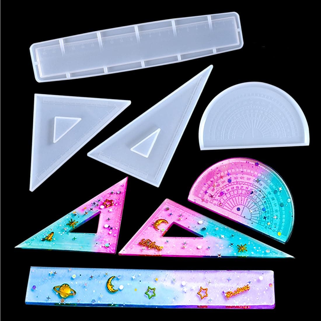 FineInno 4 Stück Silikonform Lineal Schimmel Ruler Resin Mold Harz Form Gießformen Herrscher Epoxidharz Formen für DIY Briefpapier Schmuck Lineal Silikonform 📏🔶🔷