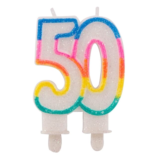 🎉 Folat 22895 Glitzerkuchenkerze Regenbogen mit Halterung – Zahl 50 🎁