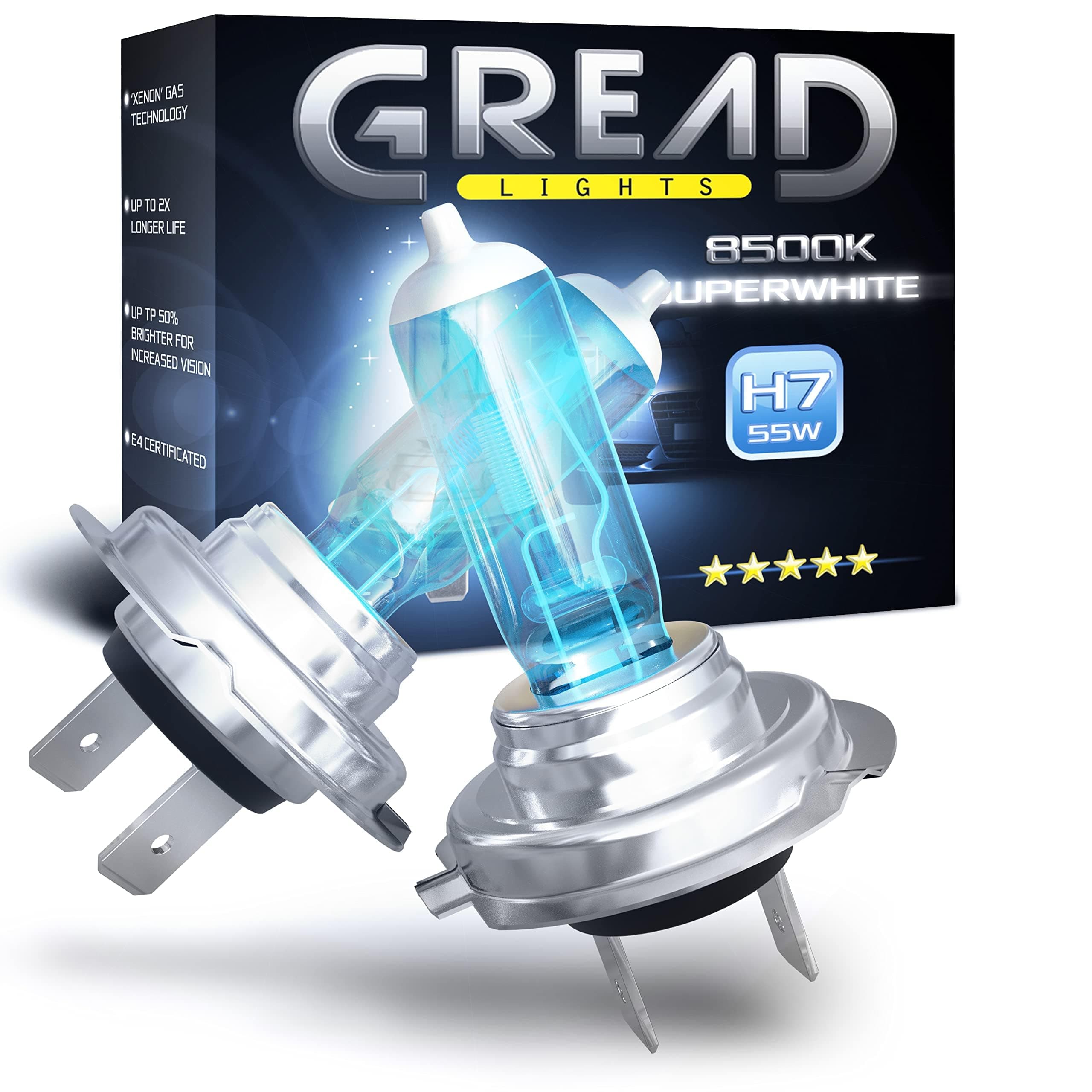 Angebot: Gread - H7 Lampe Auto H7 12V 55W - super-weiß - Frontscheinwerfer 8500k E-Prüfzeichen eintragungsfrei - Xenon Optik - 2 Stück H7 - 2 Stück