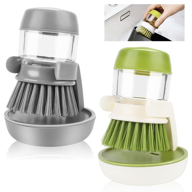 🧼🍽️ Spülbürste mit Spülmittelspender - 2er Pack - Multifunktionale Druck-Küchenbürste