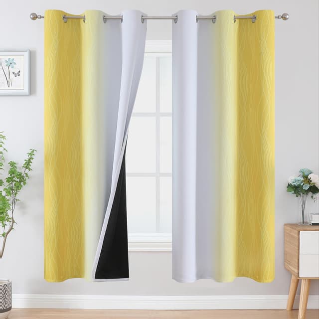 VEHEDE Farbverlauf Ombre Verdunkelung Thermovorhang Kälteschutz | 2er Set Gelb und Weiß H183 x B107 cm