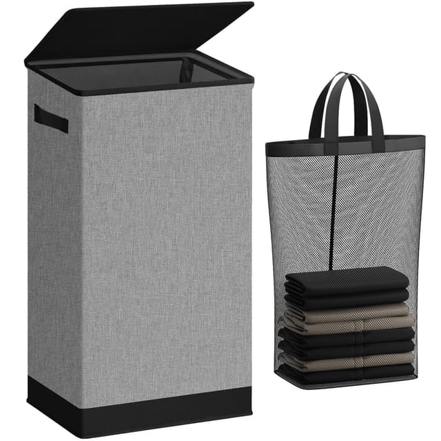🧺 SOLEDI 100L Wäschekorb mit Deckel Grau und Wäschesack - Wäschesammler schmal 🏡