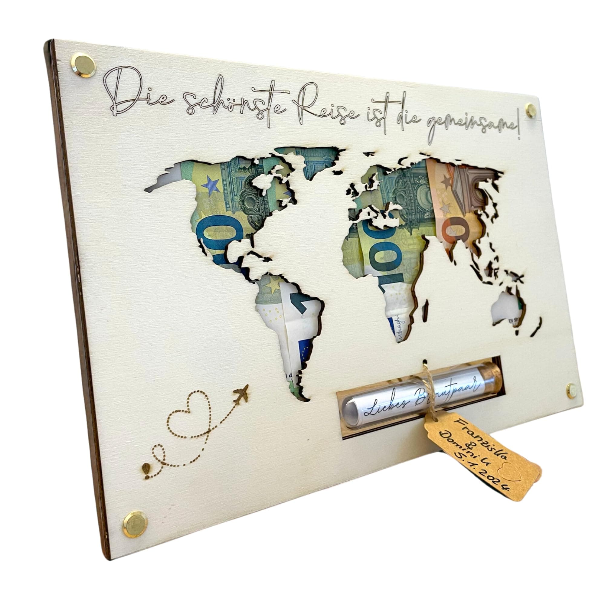 🌍🎁 Geldgeschenk Hochzeit Weltkarte aus Holz 🌳 | Einzigartiges Hochzeitsgeschenk für Brautpaar 💑 | Paargeschenk 🎉 | Hochzeits-Geldgeschenk 💰 | Flitterwochen-Geschenk 🏝️ | Personalisierbar im Reagenzglas