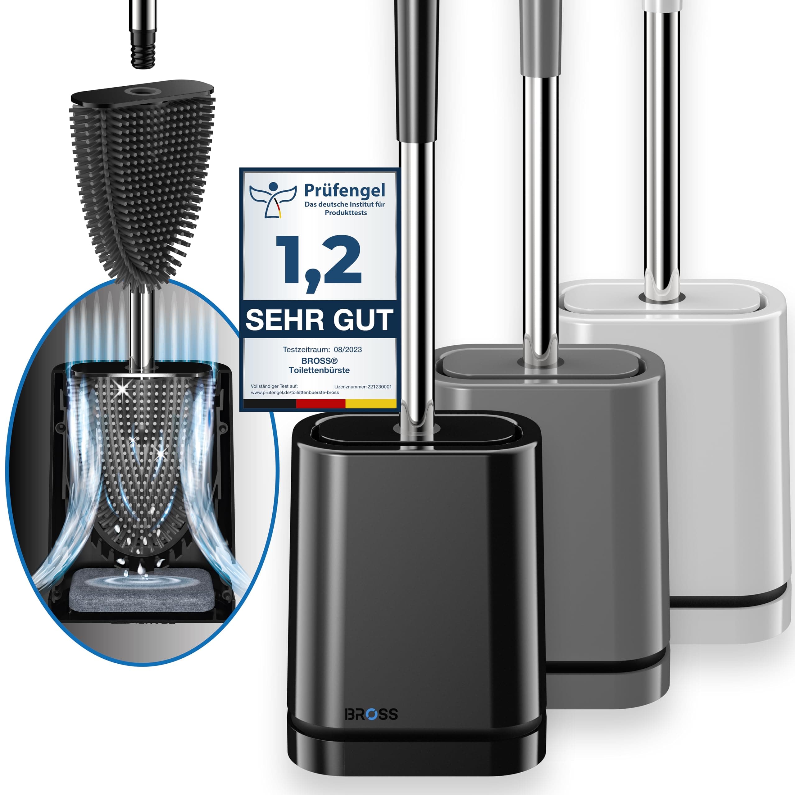 🚽 BROSS® Klobürste Silikon - Patentierte Toilettenbürste - Klobürste Schwarz - WC Bürste & Klobürstenhalter mit Wandmontage & TurboTrocknung - Innovativ & Antibakteriell - 1er Set